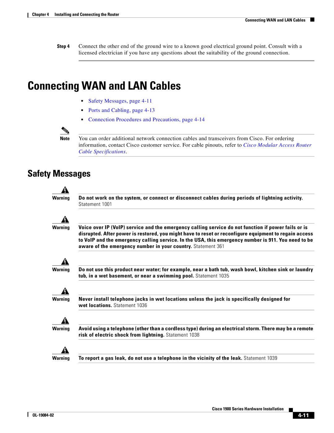 Cisco Systems 1900 Series manual Connecting WAN and LAN Cables, Safety Messages 