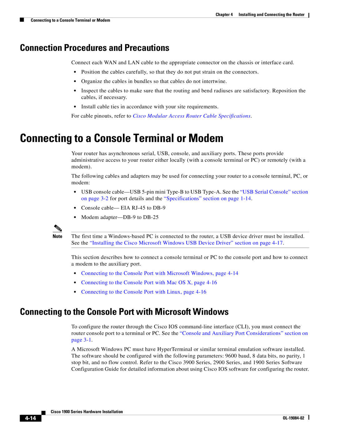 Cisco Systems 1900 Series manual Connecting to a Console Terminal or Modem, Connection Procedures and Precautions 