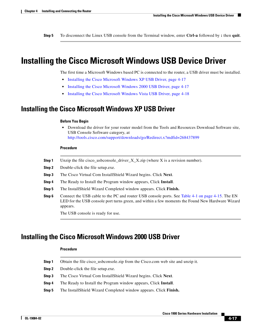 Cisco Systems 1900 Series manual Installing the Cisco Microsoft Windows XP USB Driver, Before You Begin Procedure 