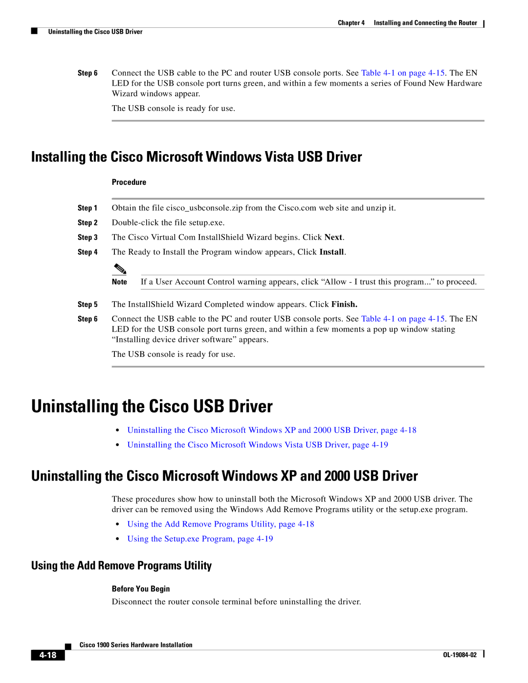 Cisco Systems 1900 Series manual Uninstalling the Cisco USB Driver, Installing the Cisco Microsoft Windows Vista USB Driver 