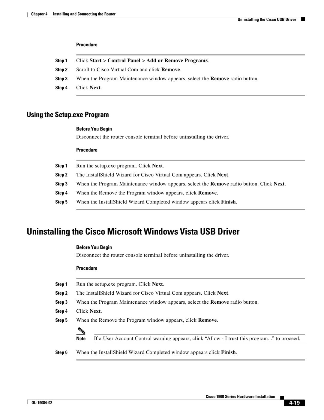 Cisco Systems 1900 Series manual Uninstalling the Cisco Microsoft Windows Vista USB Driver, Using the Setup.exe Program 