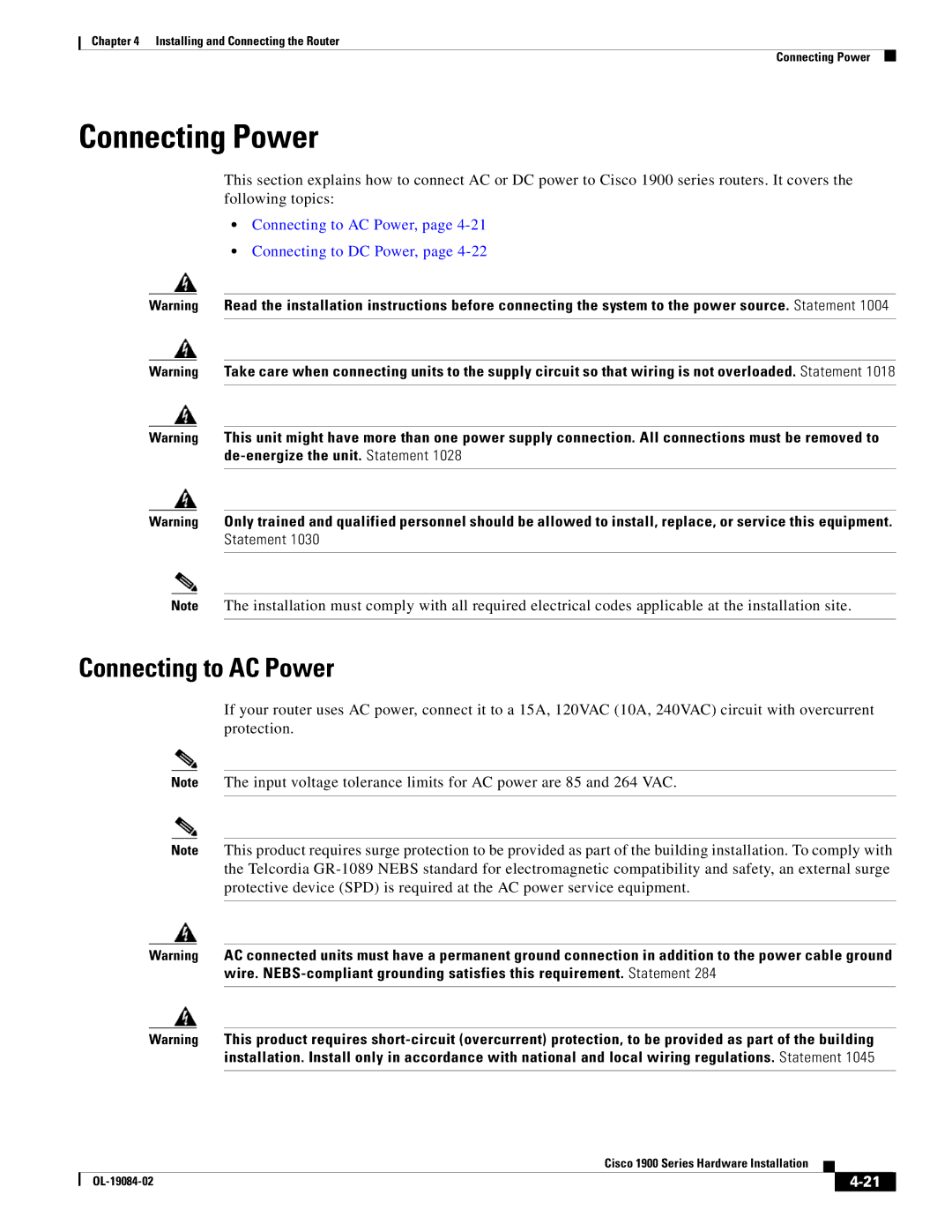 Cisco Systems 1900 Series manual Connecting Power, Connecting to AC Power 