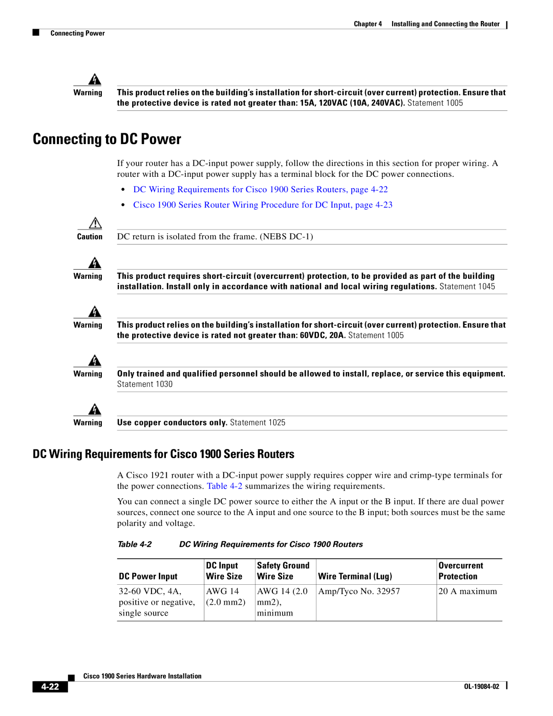 Cisco Systems manual Connecting to DC Power, DC Wiring Requirements for Cisco 1900 Series Routers, DC Input, Overcurrent 