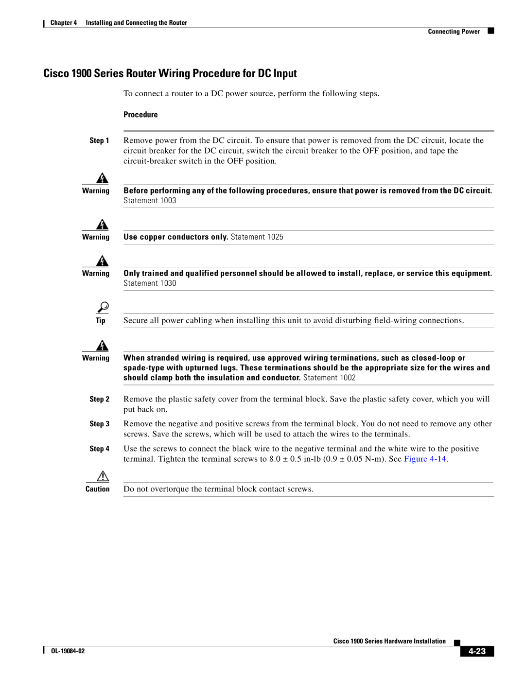 Cisco Systems manual Cisco 1900 Series Router Wiring Procedure for DC Input 