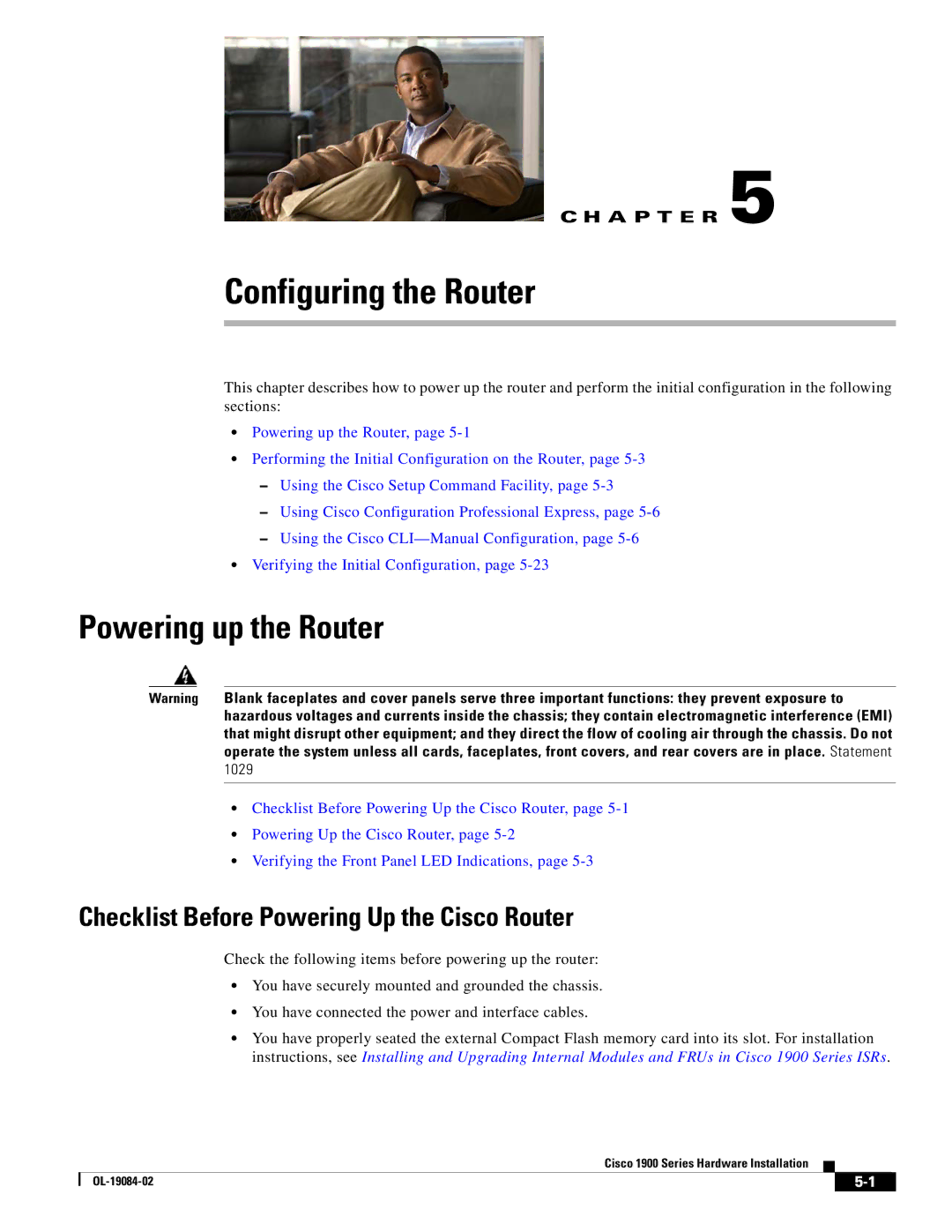 Cisco Systems 1900 Series manual Powering up the Router, Checklist Before Powering Up the Cisco Router 