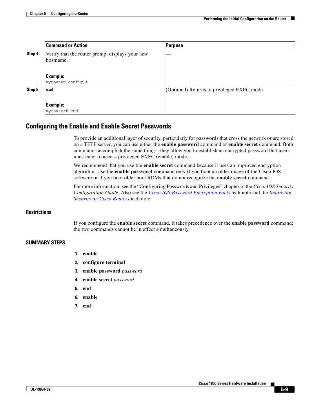 Cisco Systems 1900 Series Configuring the Enable and Enable Secret Passwords, Optional Returns to privileged Exec mode 