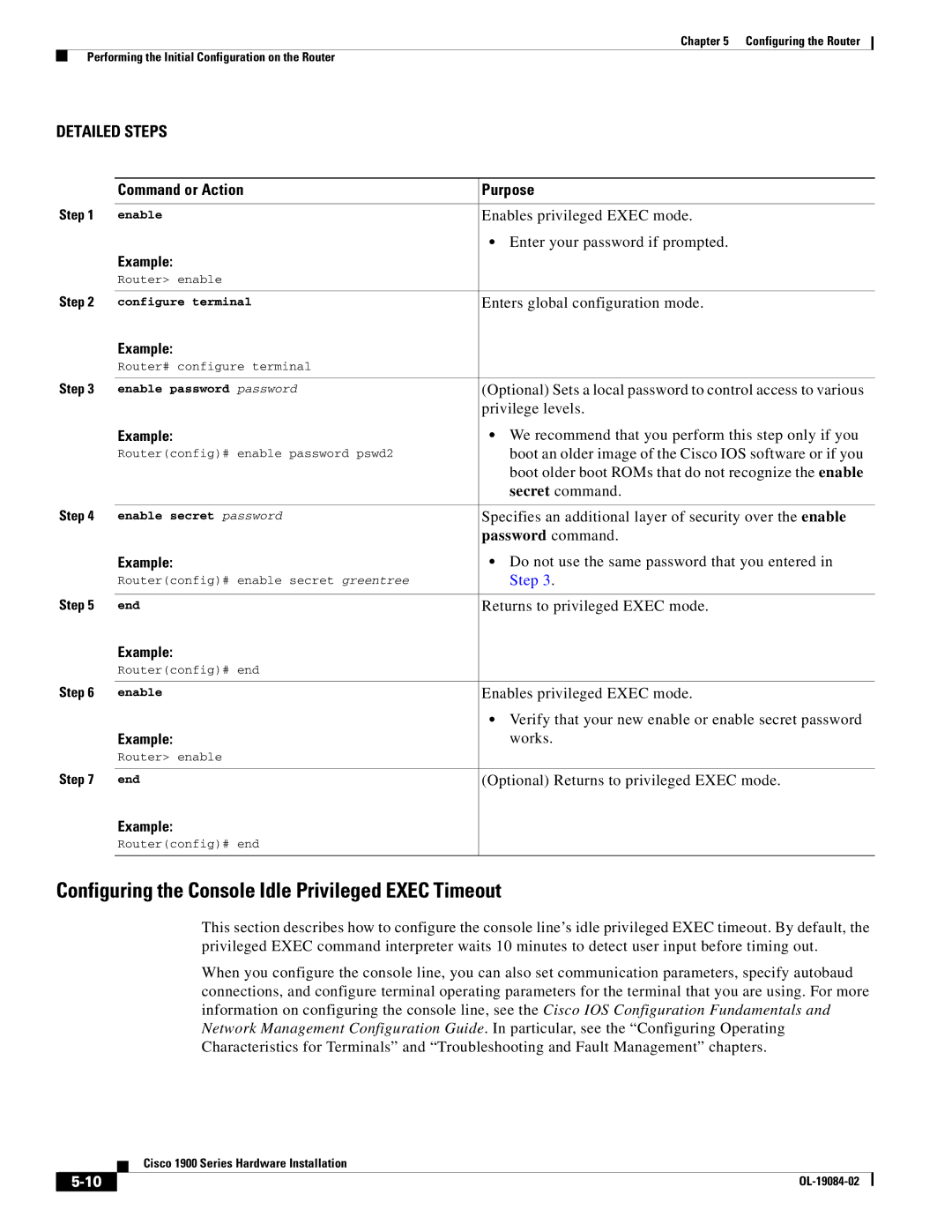 Cisco Systems 1900 Series manual Configuring the Console Idle Privileged Exec Timeout 