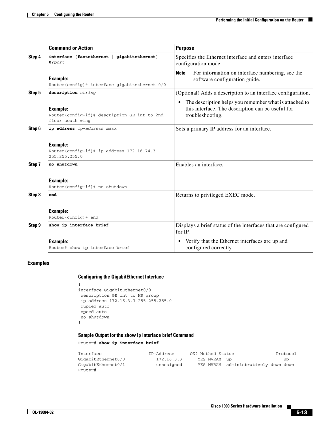 Cisco Systems 1900 Series Configuring the GigabitEthernet Interface, Sample Output for the show ip interface brief Command 