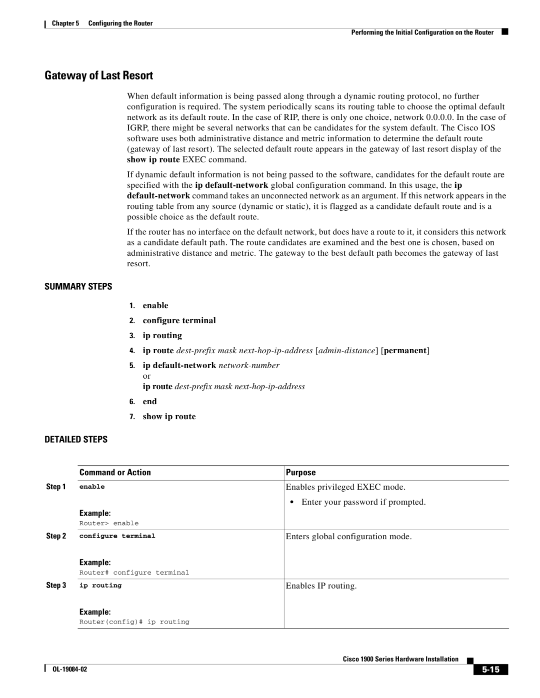 Cisco Systems 1900 Series manual Gateway of Last Resort, Routerconfig# ip routing 