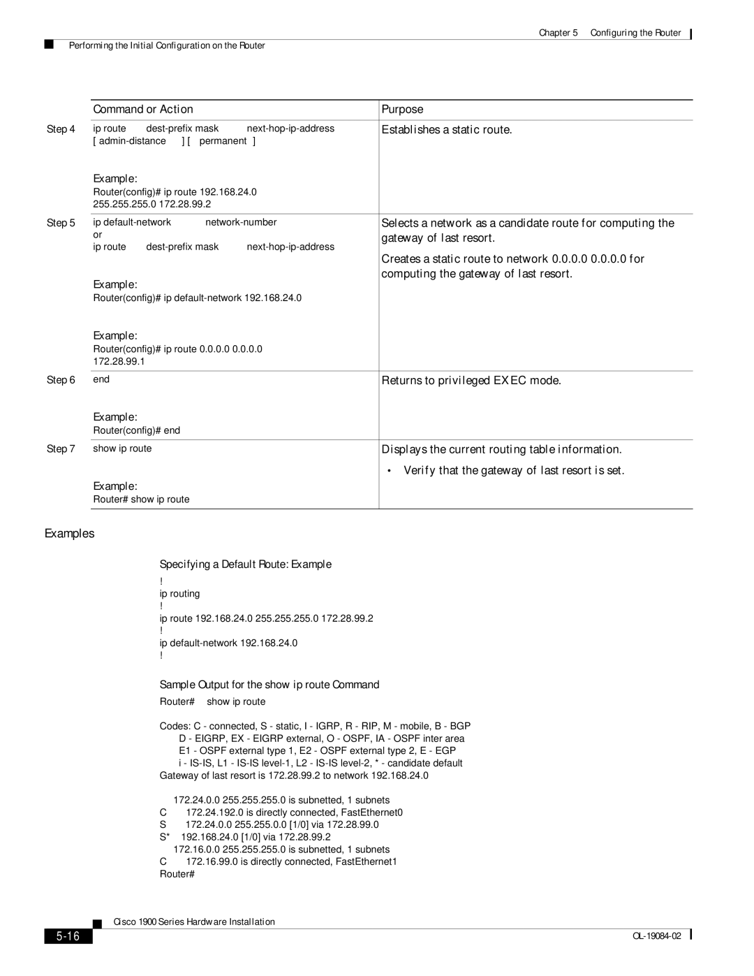 Cisco Systems 1900 Series manual Specifying a Default Route Example, Sample Output for the show ip route Command 