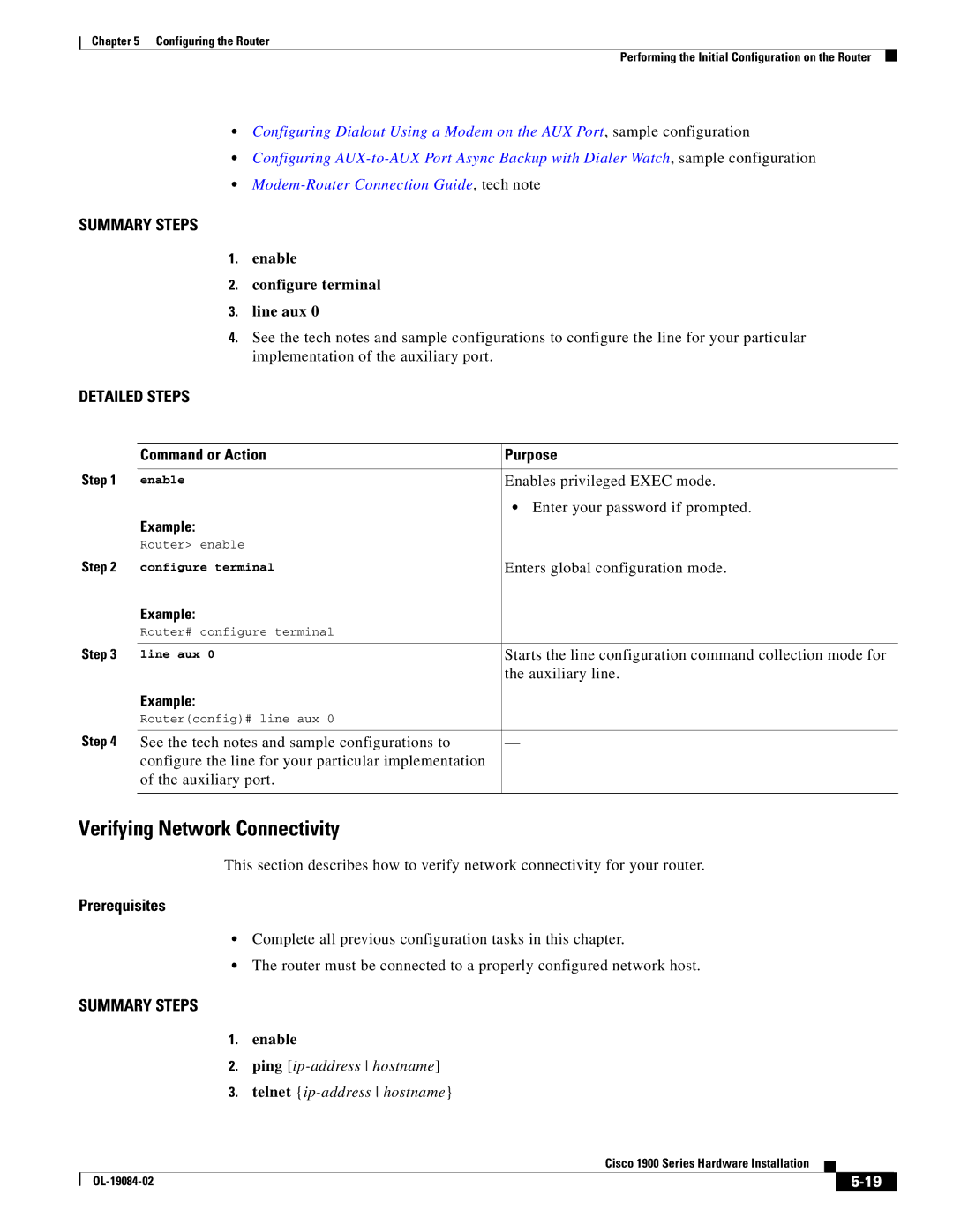 Cisco Systems 1900 Series manual Verifying Network Connectivity, Auxiliary line 