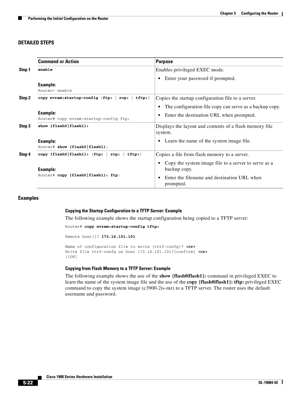 Cisco Systems 1900 Series manual Copying the Startup Configuration to a Tftp Server Example 