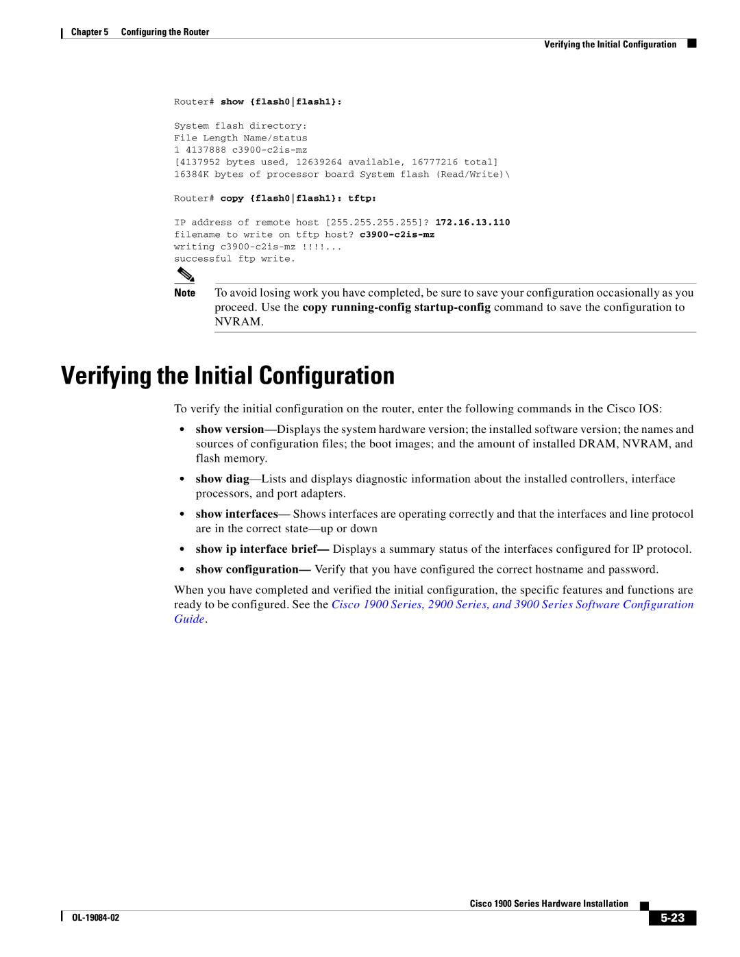 Cisco Systems 1900 Series manual Verifying the Initial Configuration, Nvram 