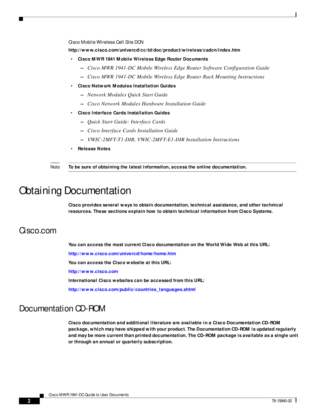 Cisco Systems 1941-DC Obtaining Documentation, Cisco.com, Documentation CD-ROM, Cisco Mobile Wireless Cell Site DCN 