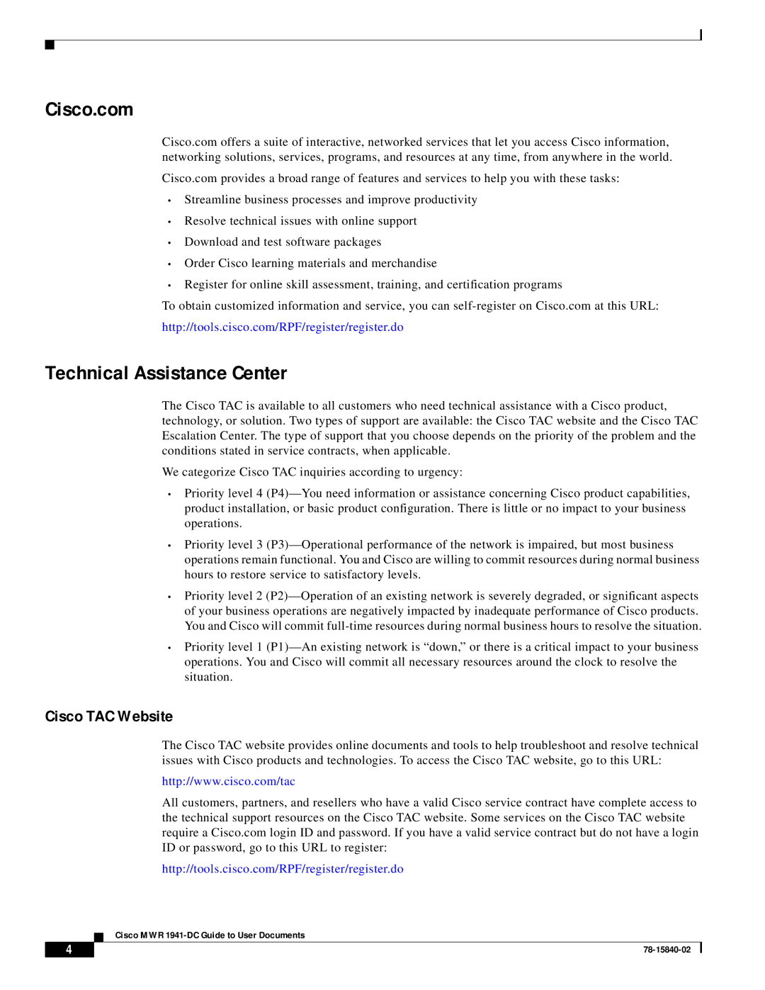 Cisco Systems 1941-DC configurationmanual Technical Assistance Center, Cisco TAC Website 