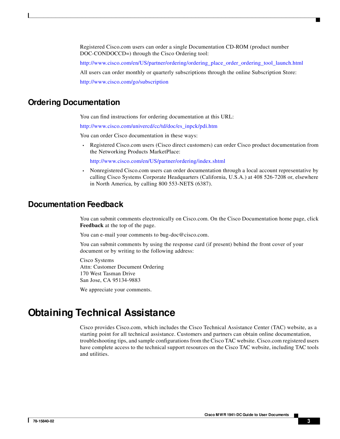 Cisco Systems 1941-DC configurationmanual Obtaining Technical Assistance, Ordering Documentation, Documentation Feedback 