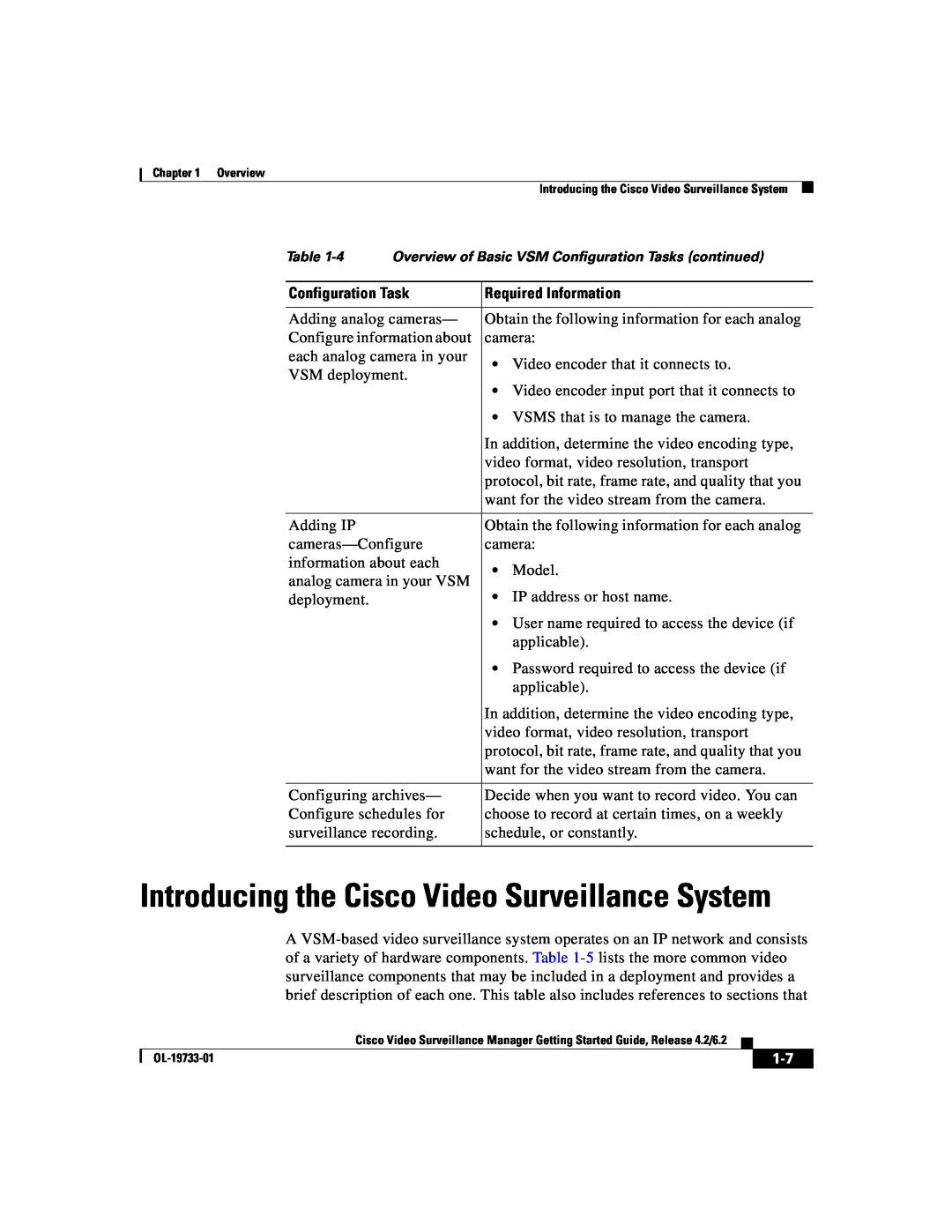 Cisco Systems Release 4.2 manual Introducing the Cisco Video Surveillance System, Configuration Task, Required Information 
