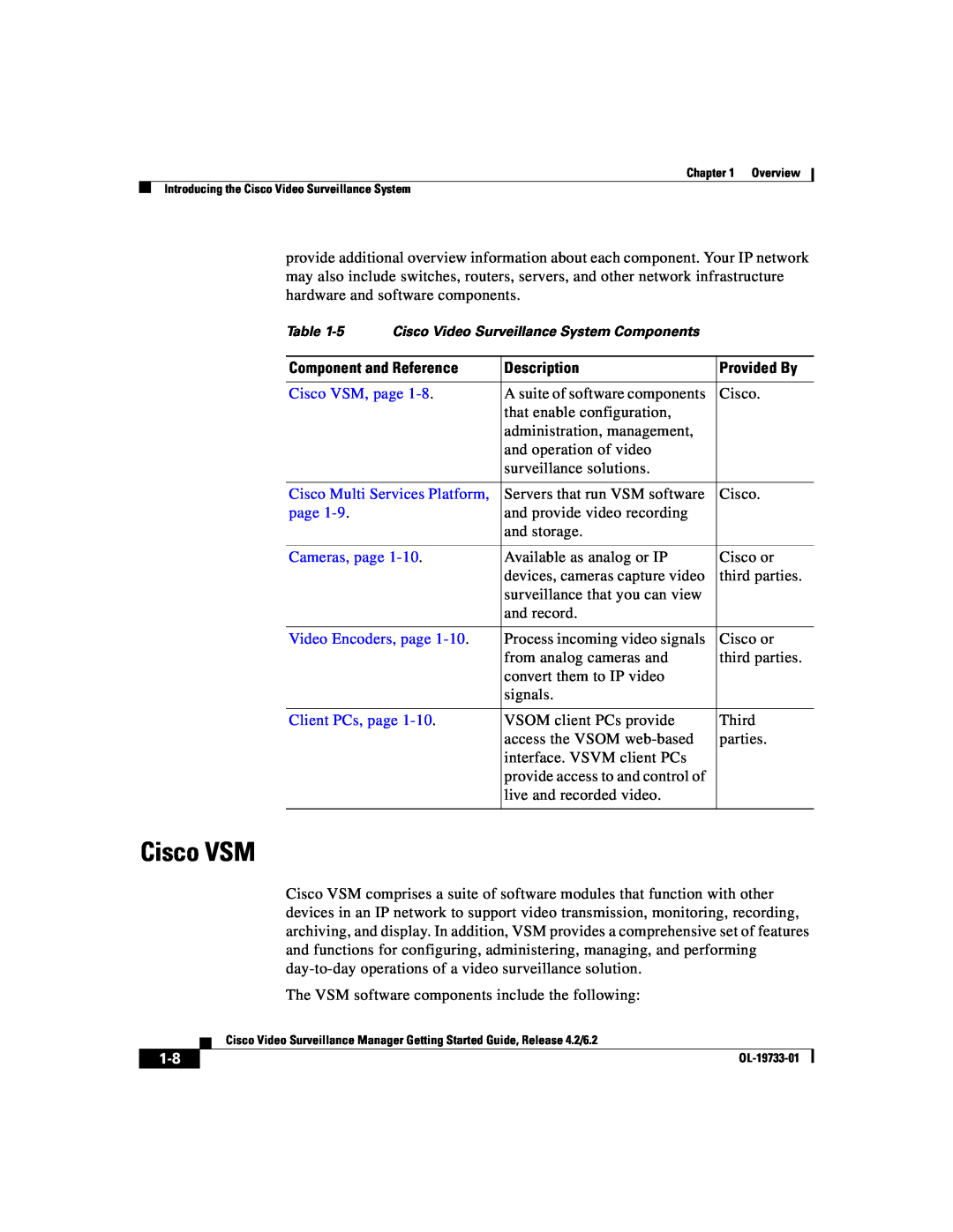 Cisco Systems 2 Component and Reference, Description, Provided By, Cisco VSM, page, Cisco Multi Services Platform 
