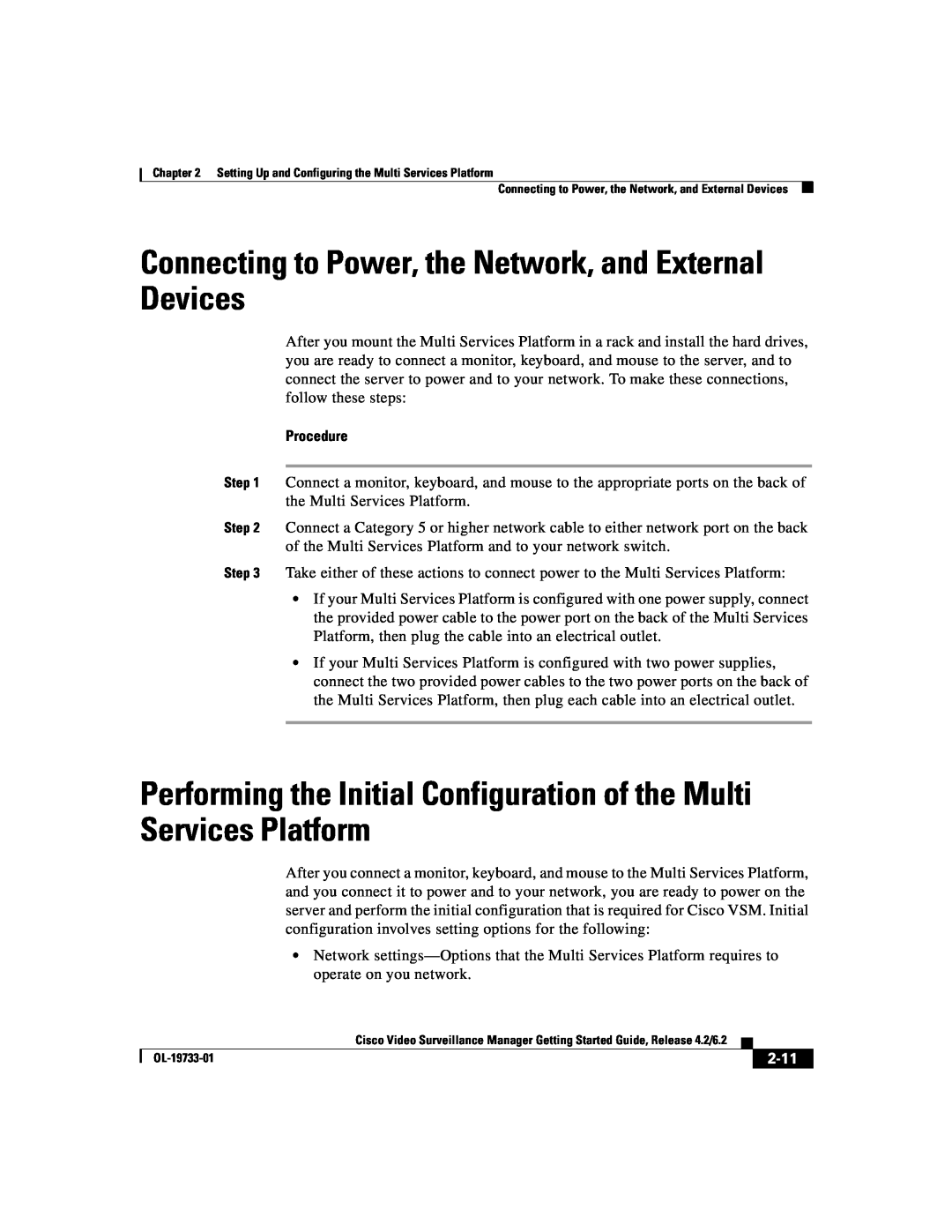 Cisco Systems Release 4.2 manual Connecting to Power, the Network, and External Devices, Procedure, 2-11 