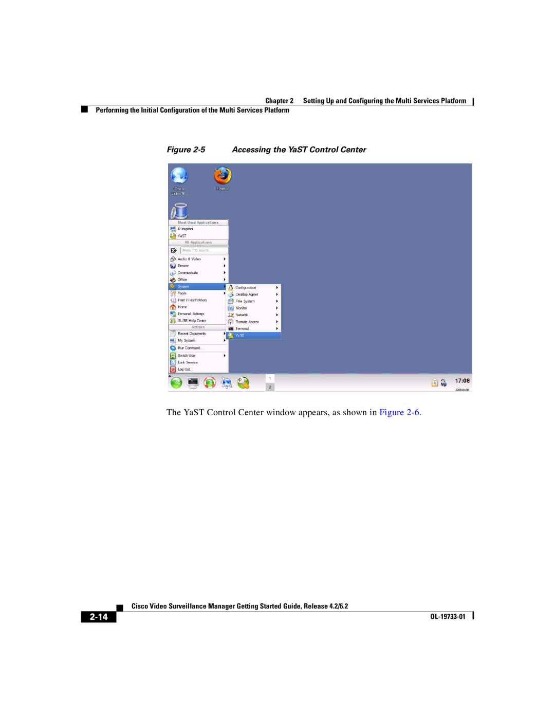 Cisco Systems Release 4.2 manual YaST Control Center window appears, as shown in Figure 