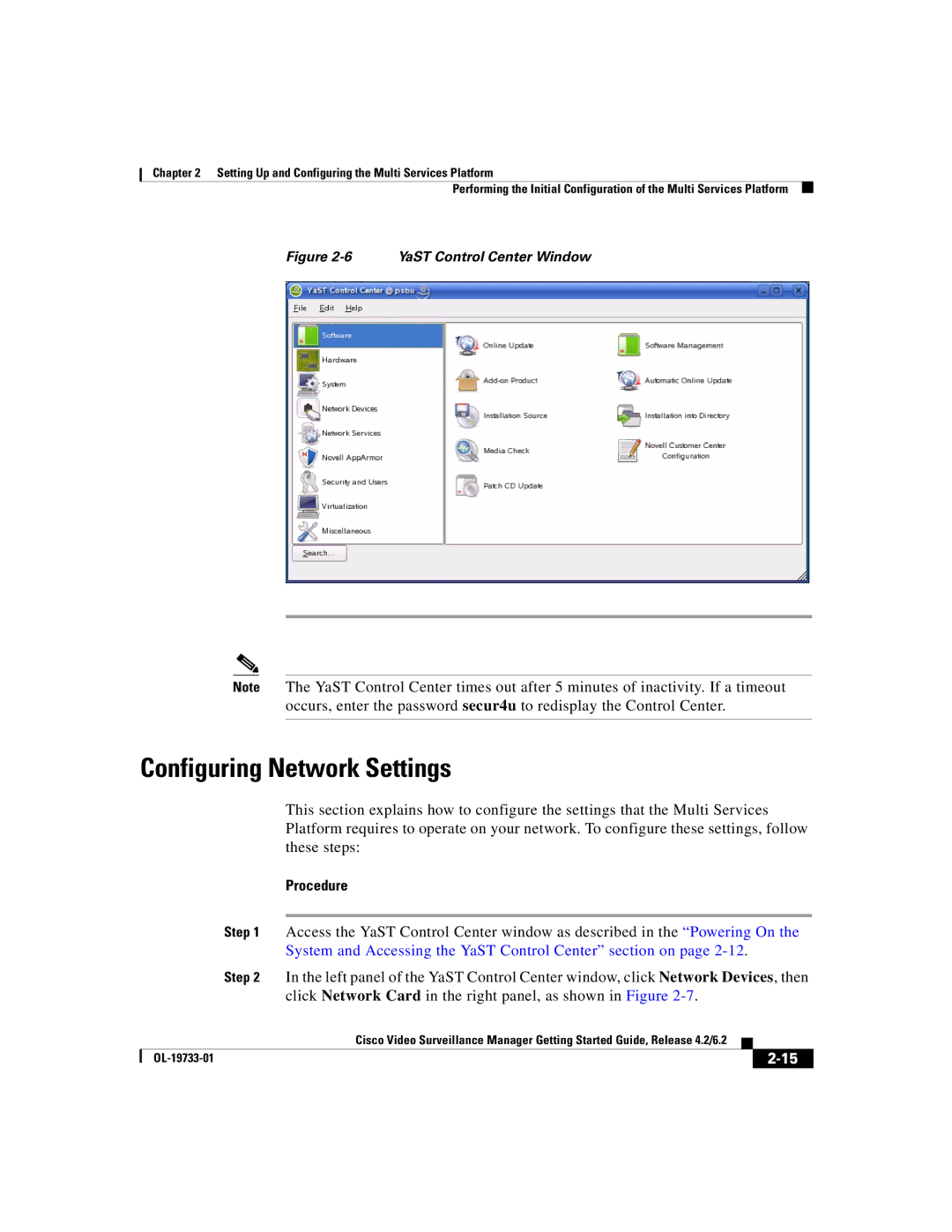 Cisco Systems Release 4.2 manual Configuring Network Settings, YaST Control Center Window 