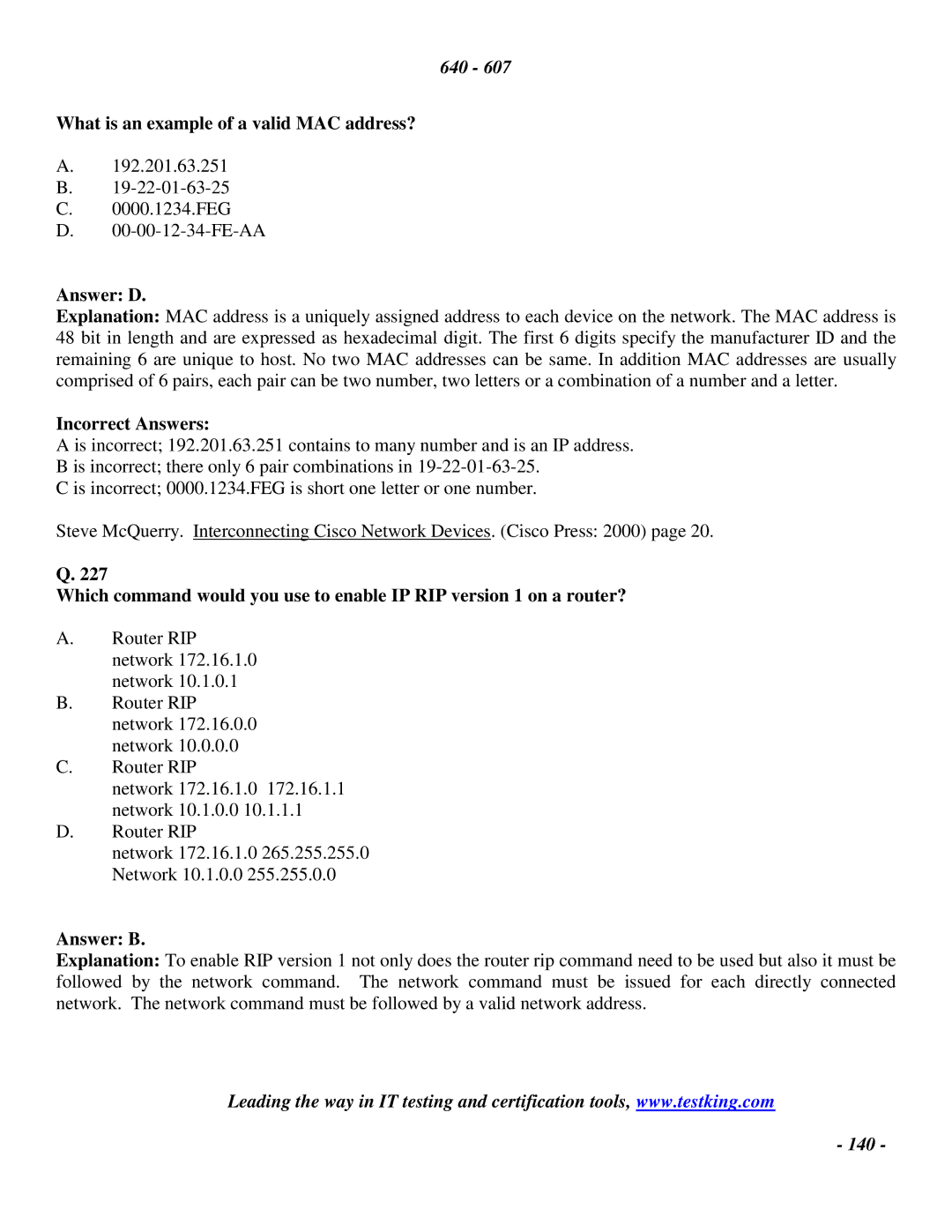 Cisco Systems 2 manual What is an example of a valid MAC address?, Answer D 