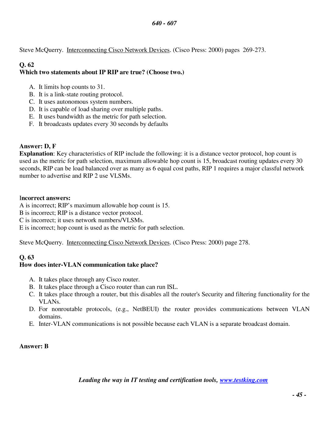 Cisco Systems 2 manual Which two statements about IP RIP are true? Choose two, Answer D, F 