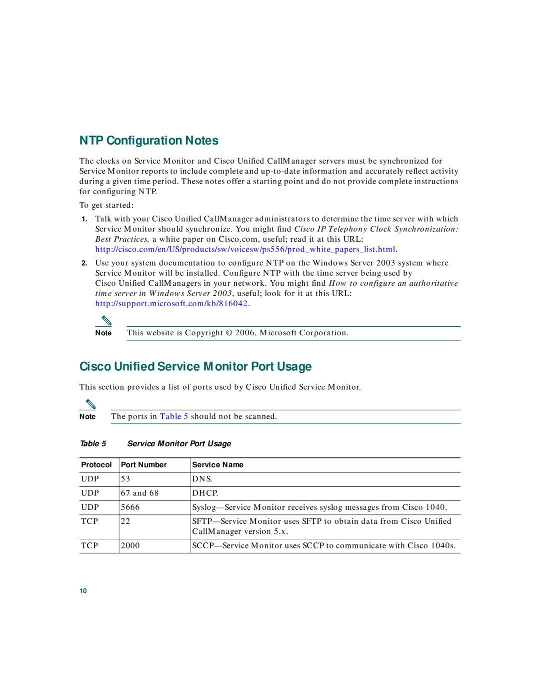 Cisco Systems 2 NTP Configuration Notes, Cisco Unified Service Monitor Port Usage, Protocol Port Number Service Name 