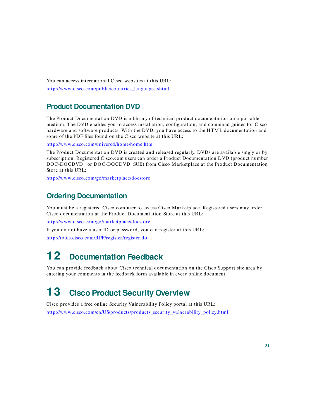 Cisco Systems 2 Documentation Feedback, Cisco Product Security Overview, Product Documentation DVD Ordering Documentation 