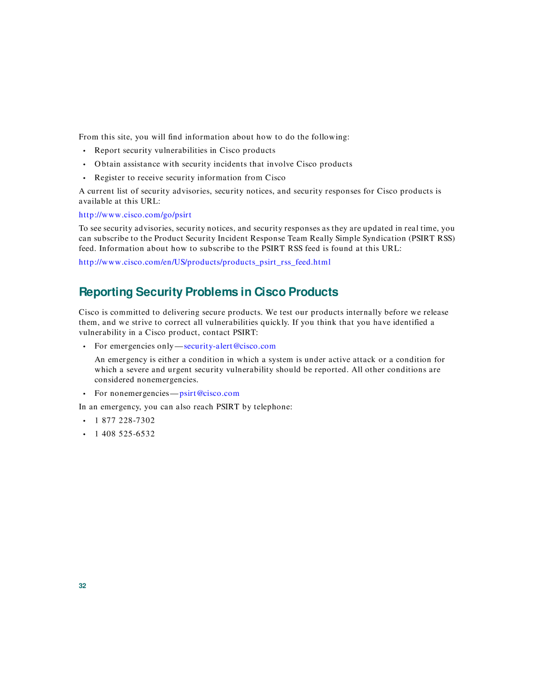 Cisco Systems 2 quick start Reporting Security Problems in Cisco Products, For emergencies only security-alert@cisco.com 