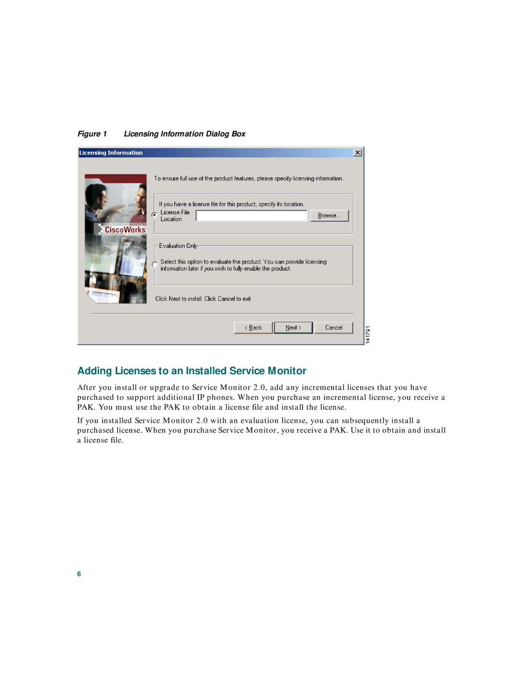 Cisco Systems 2 quick start Adding Licenses to an Installed Service Monitor, Licensing Information Dialog Box 