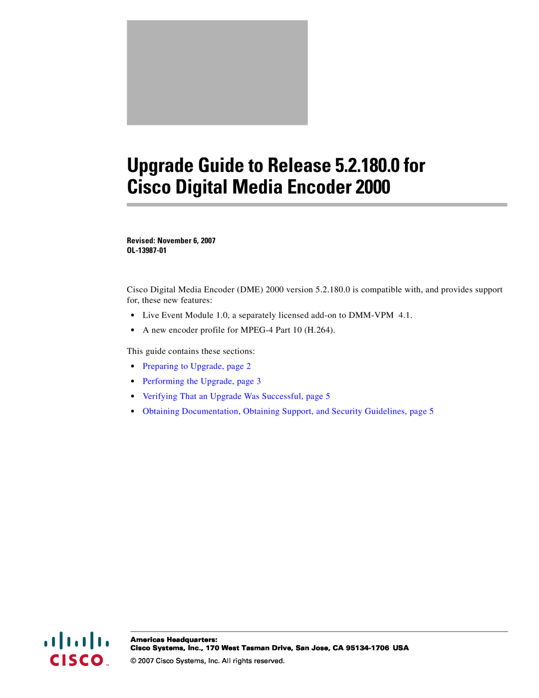 Cisco Systems 2000 manual Upgrade Guide to Release 5.2.180.0 for Cisco Digital Media Encoder 