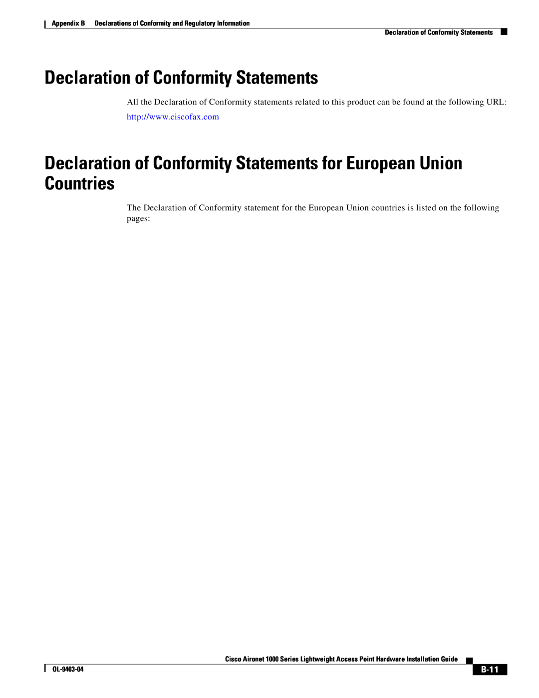 Cisco Systems 2000 appendix Declaration of Conformity Statements for European Union Countries, B-11 