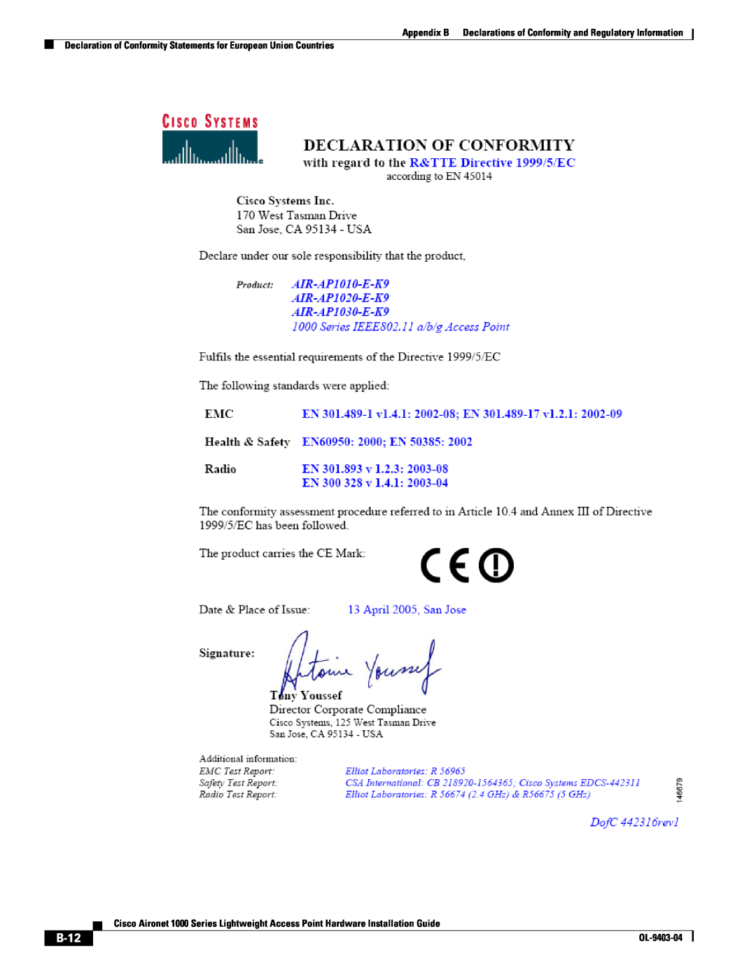 Cisco Systems 2000 appendix B-12, Appendix B Declarations of Conformity and Regulatory Information, OL-9403-04 
