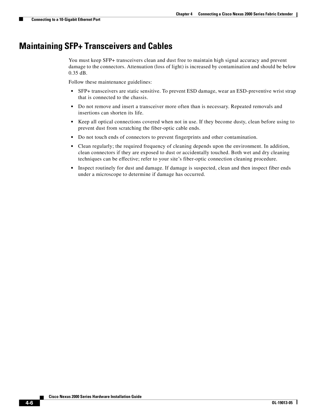 Cisco Systems 2000 manual Maintaining SFP+ Transceivers and Cables 