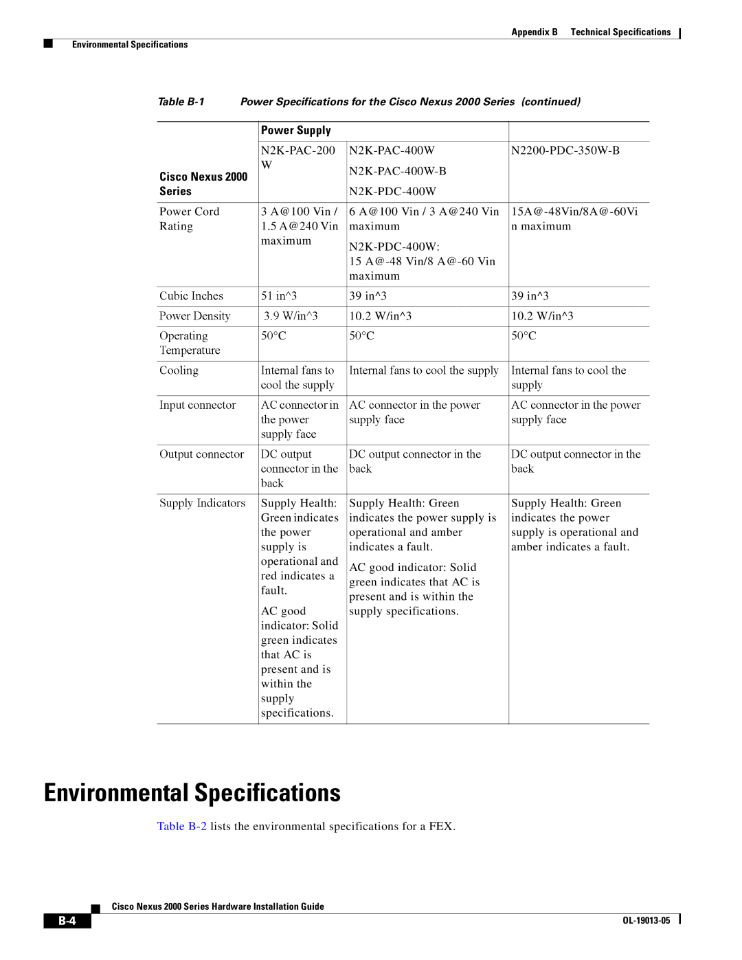 Cisco Systems 2000 manual Cooling, Environmental Specifications 