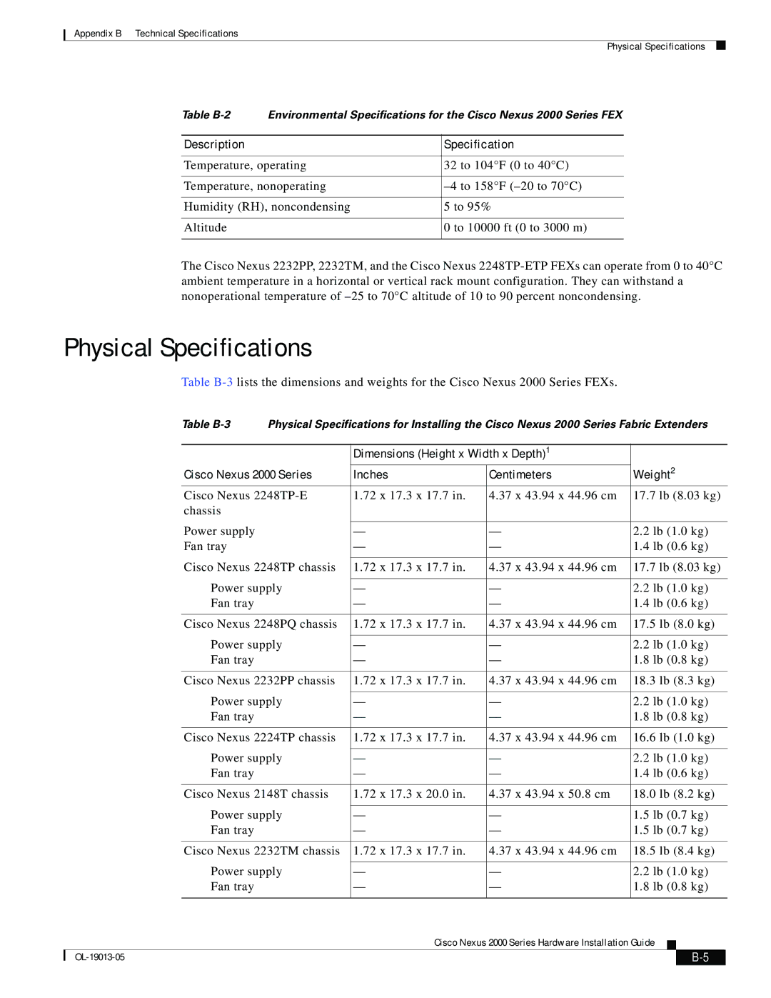 Cisco Systems 2000 manual Physical Specifications, Description Specification 