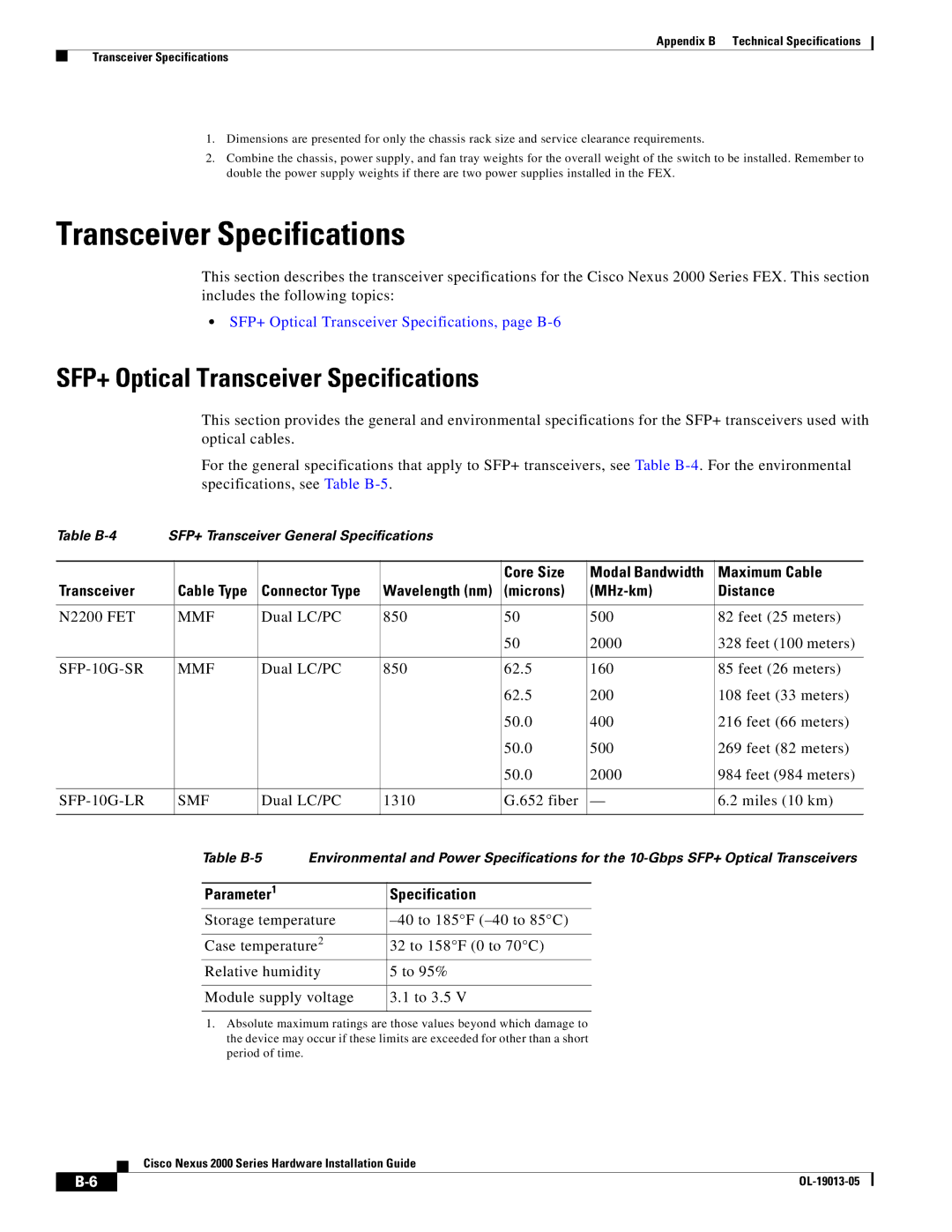 Cisco Systems 2000 manual SFP+ Optical Transceiver Specifications 