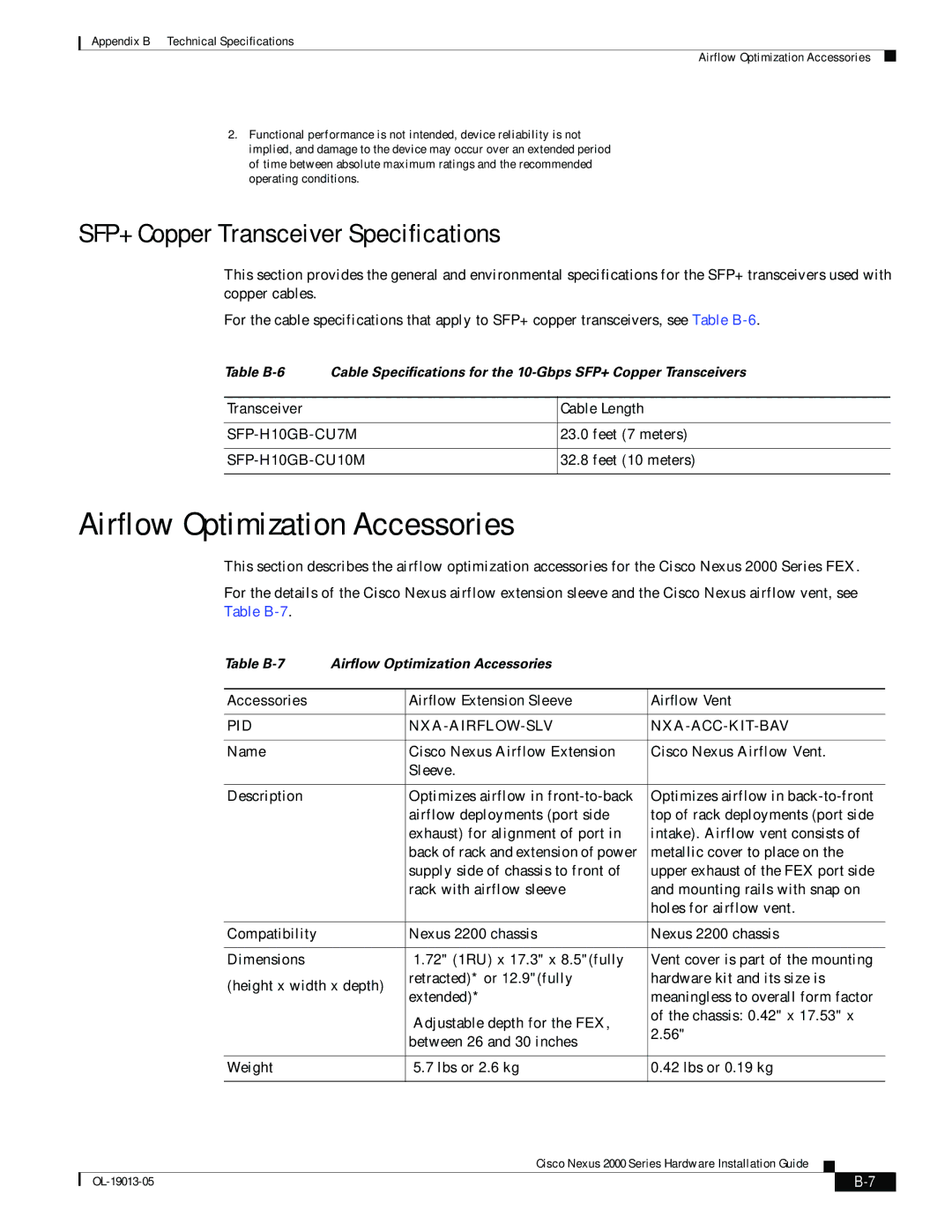 Cisco Systems 2000 Airflow Optimization Accessories, SFP+ Copper Transceiver Specifications, Transceiver Cable Length 