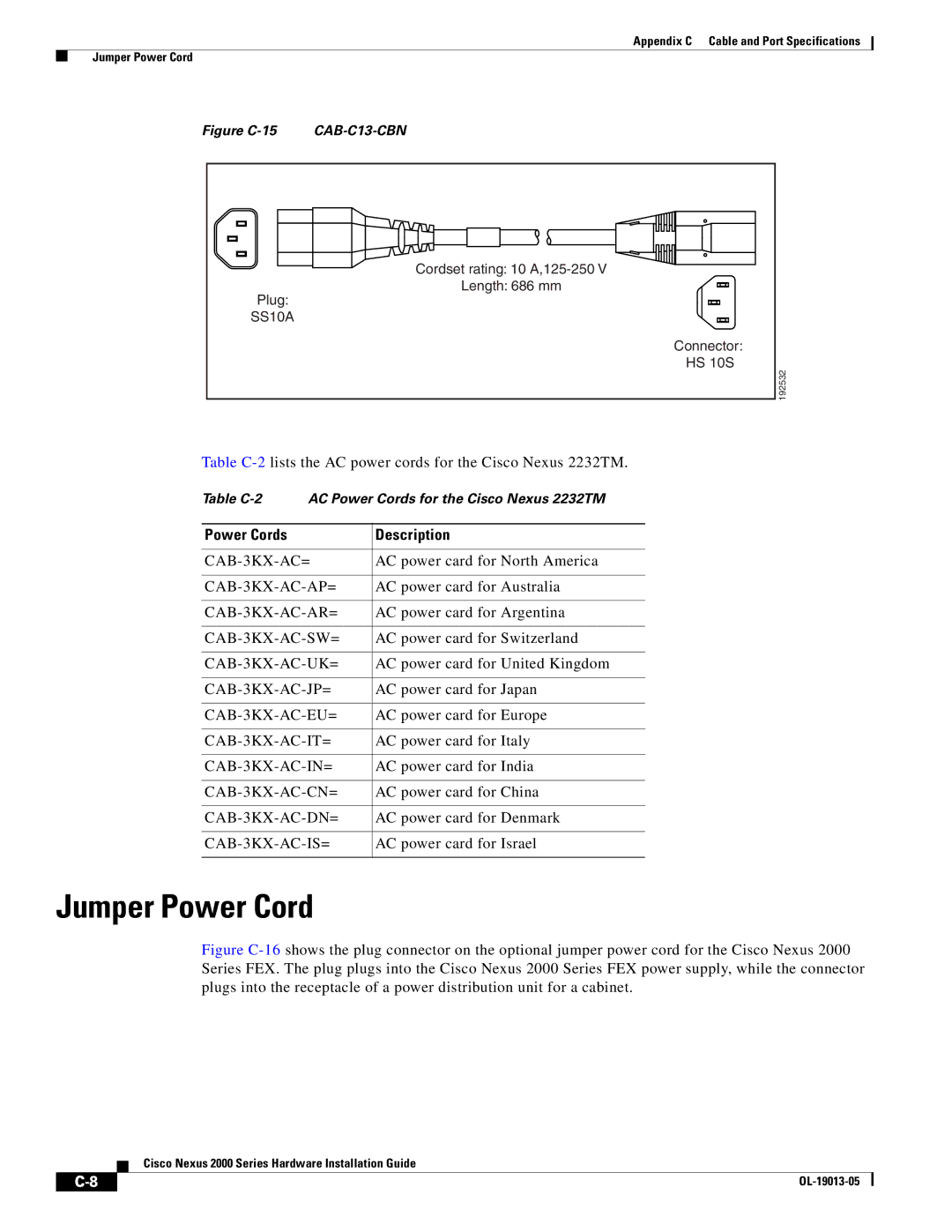 Cisco Systems 2000 manual Jumper Power Cord, Power Cords Description 