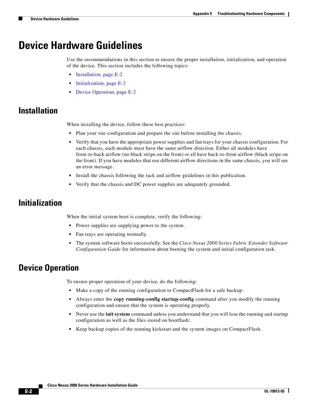 Cisco Systems 2000 manual Device Hardware Guidelines, Installation, Initialization, Device Operation 