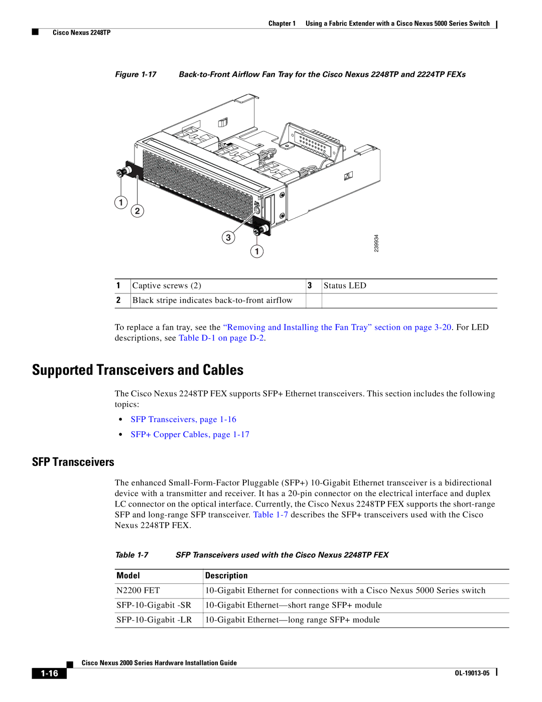 Cisco Systems 2000 manual SFP Transceivers used with the Cisco Nexus 2248TP FEX 