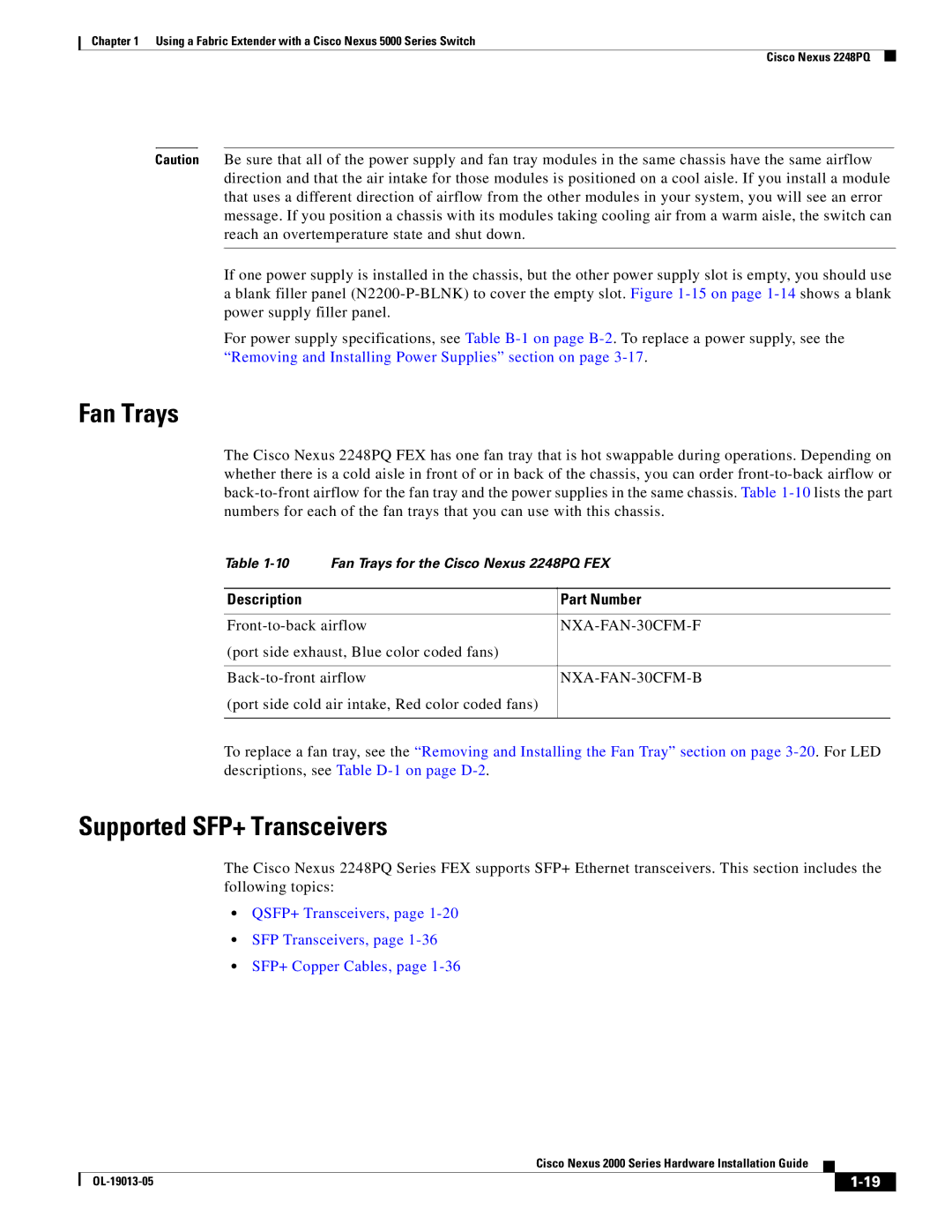 Cisco Systems 2000 manual Supported SFP+ Transceivers, NXA-FAN-30CFM-B 