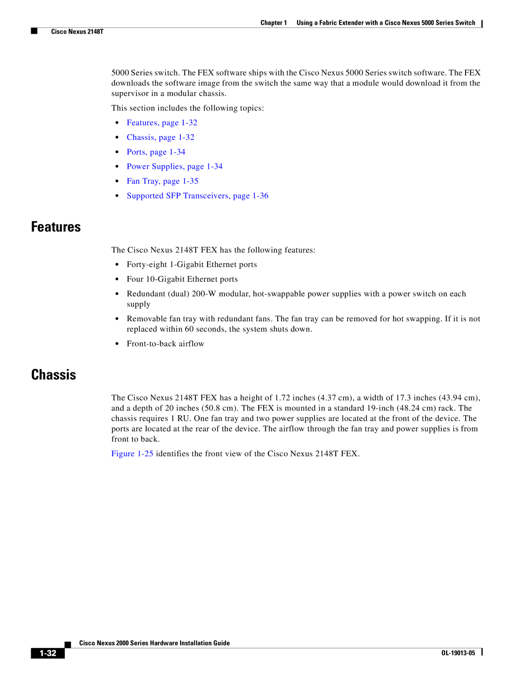 Cisco Systems 2000 manual Features, 25identifies the front view of the Cisco Nexus 2148T FEX 