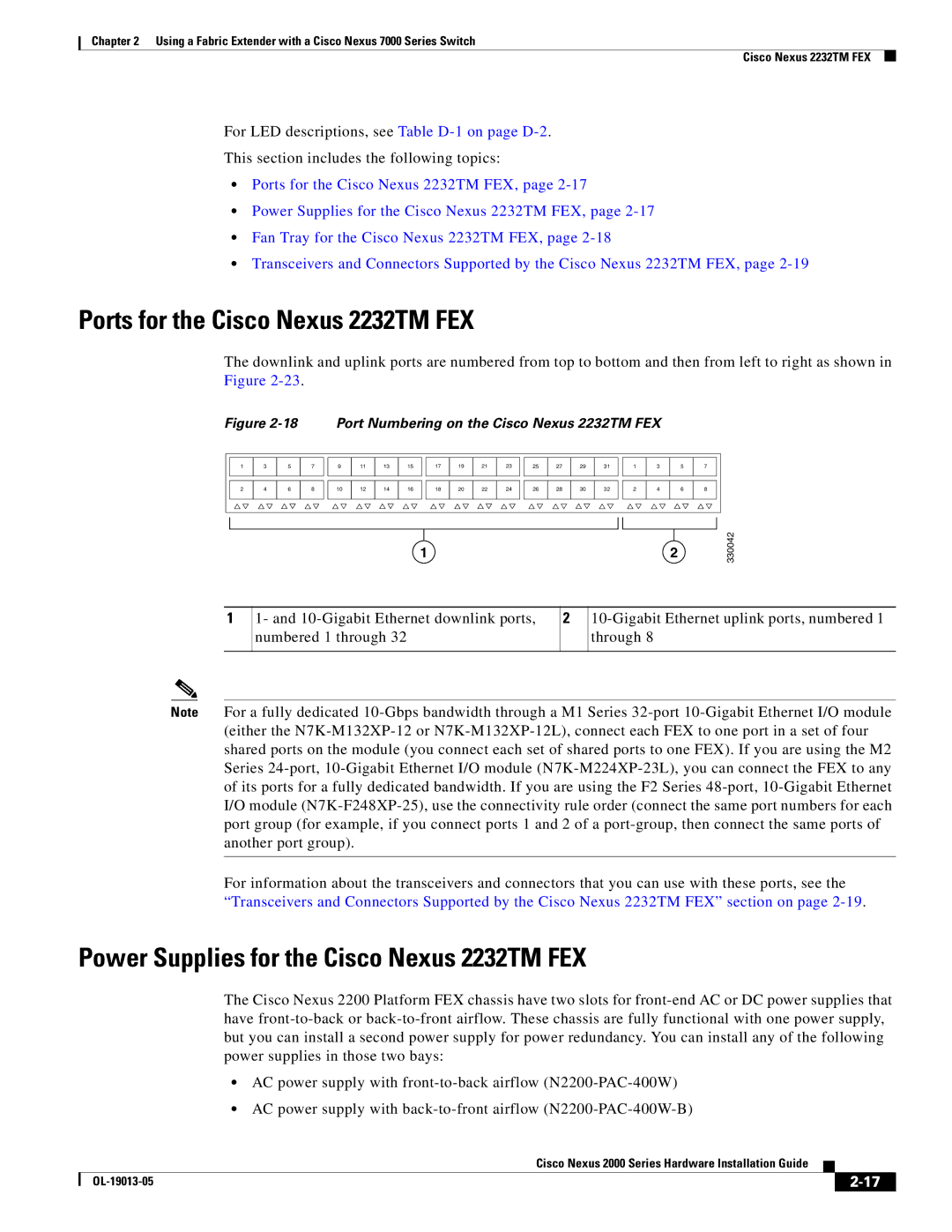 Cisco Systems 2000 manual Ports for the Cisco Nexus 2232TM FEX, Power Supplies for the Cisco Nexus 2232TM FEX 