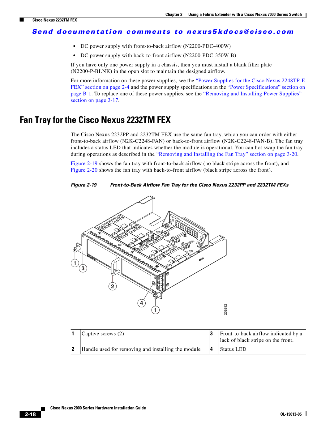 Cisco Systems 2000 manual Fan Tray for the Cisco Nexus 2232TM FEX 