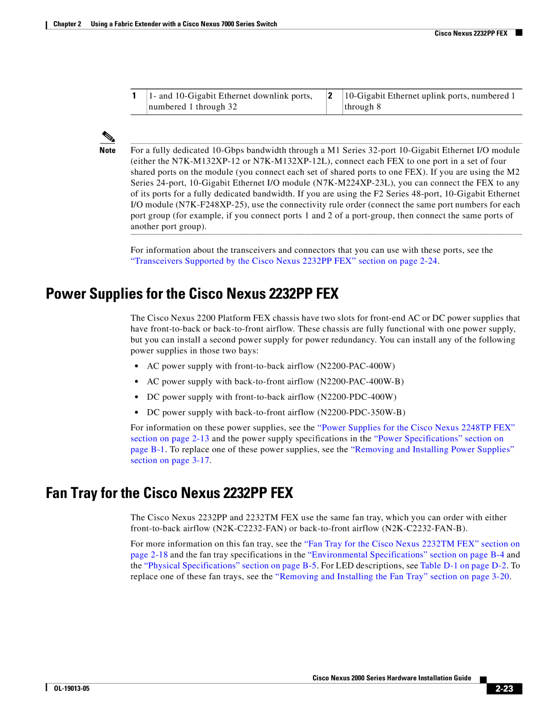 Cisco Systems 2000 manual Power Supplies for the Cisco Nexus 2232PP FEX, Fan Tray for the Cisco Nexus 2232PP FEX 