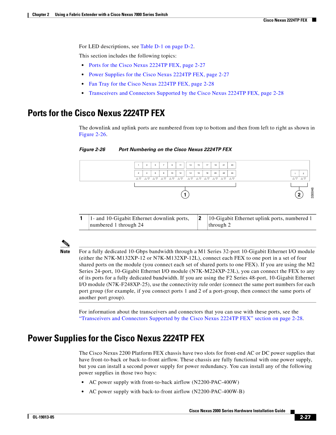 Cisco Systems 2000 manual Ports for the Cisco Nexus 2224TP FEX, Power Supplies for the Cisco Nexus 2224TP FEX 