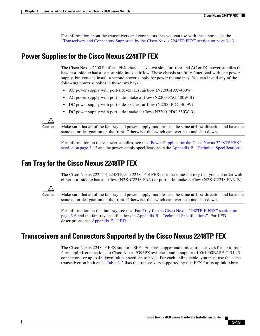 Cisco Systems 2000 manual Power Supplies for the Cisco Nexus 2248TP FEX 