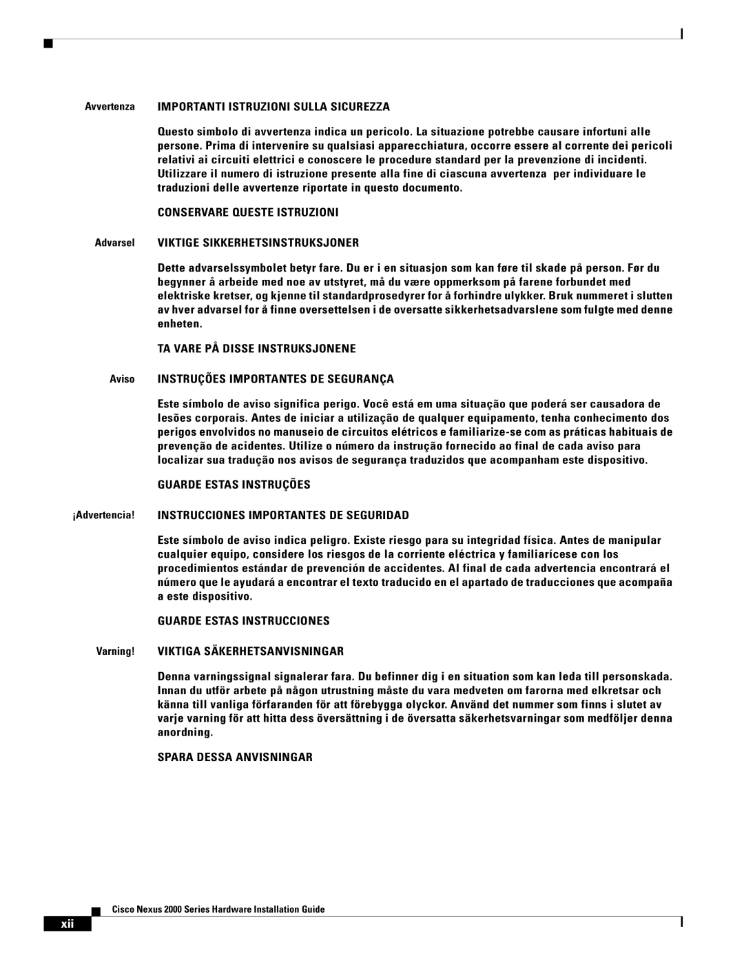 Cisco Systems 2000 manual Avvertenza Importanti Istruzioni Sulla Sicurezza, Aviso Instruções Importantes DE Segurança 